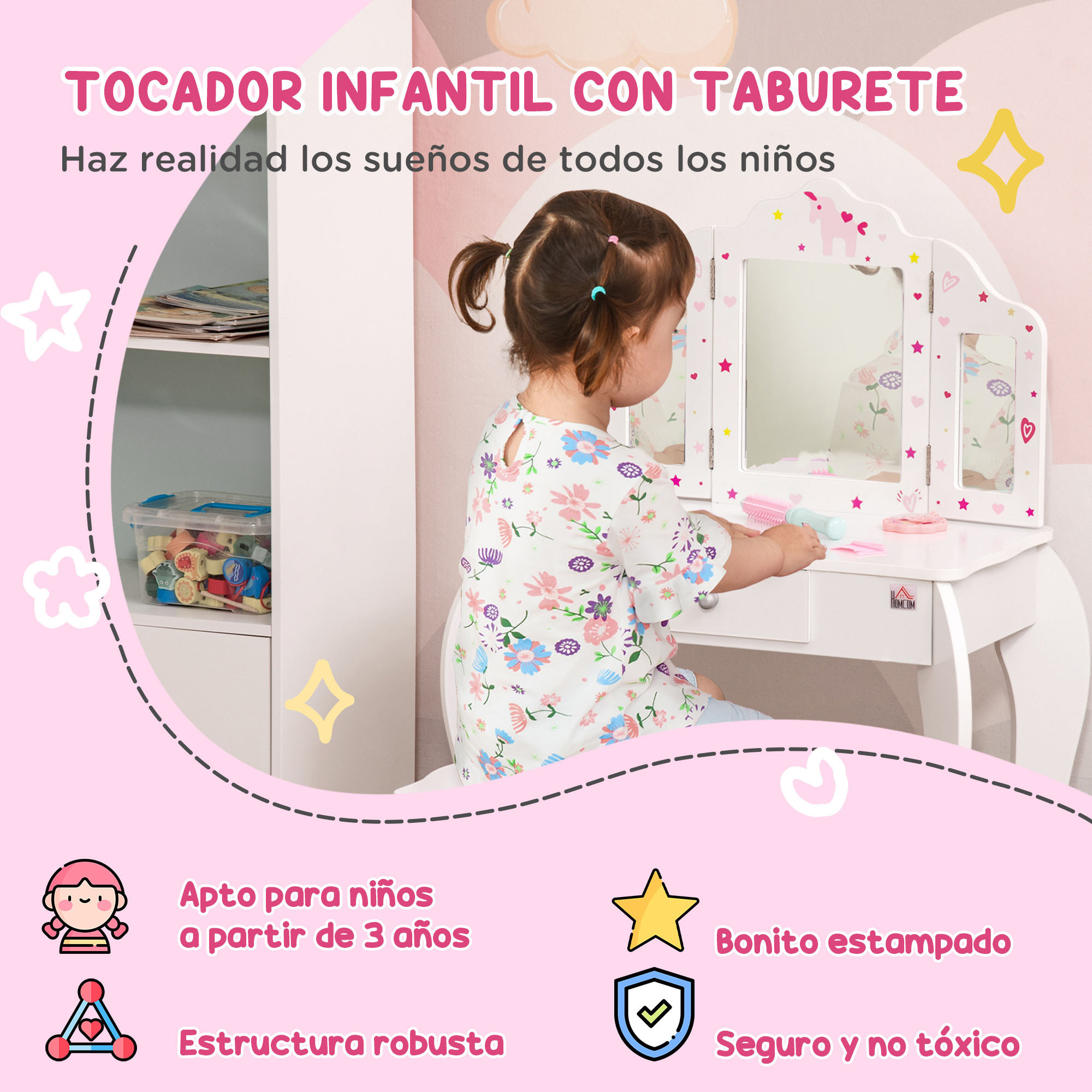 Tocador Infantil de Madera con Taburete y Espejo Mesa Maquillaje con Cajón Rosa