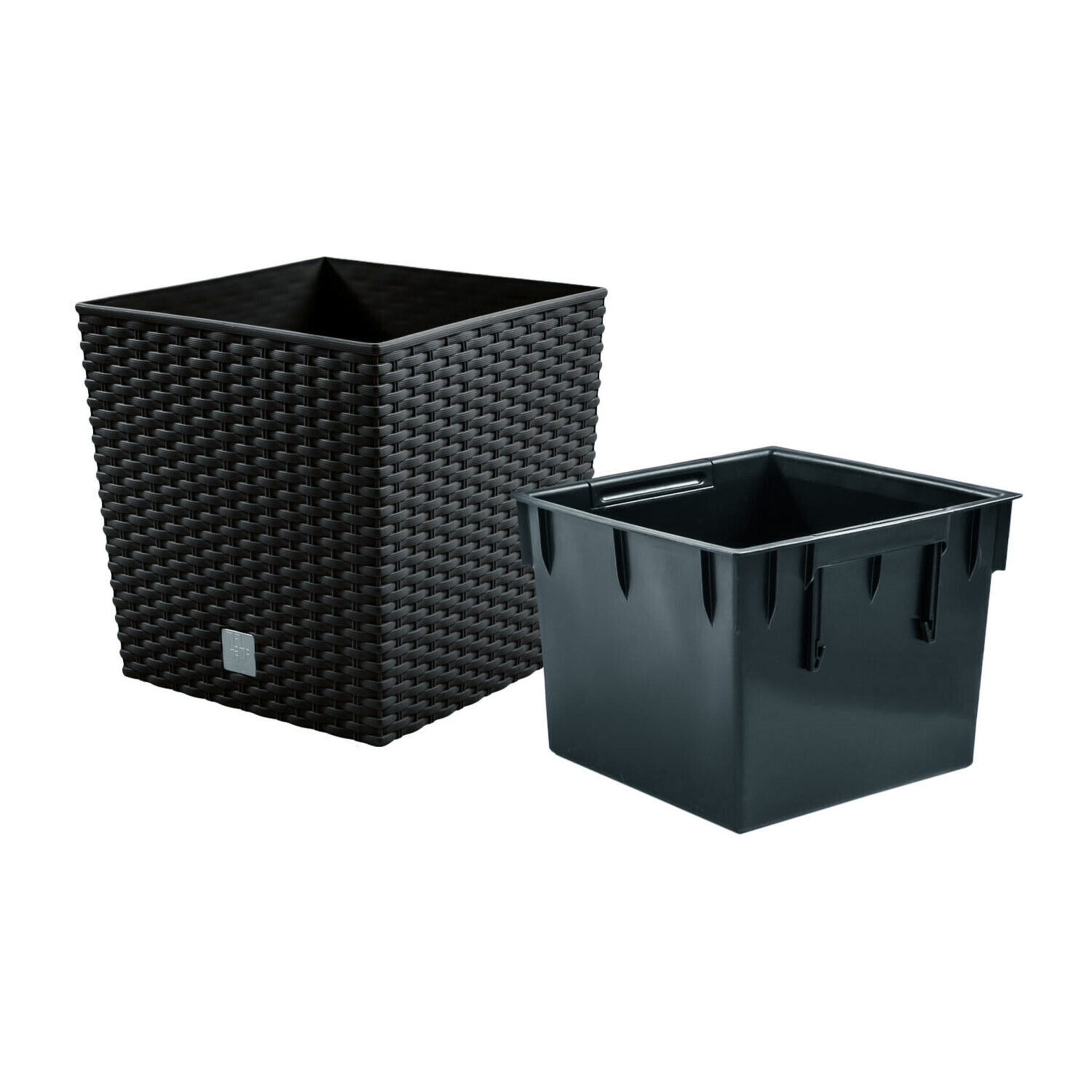 Maceta rato 15,8 litros con cubilete para plantar en color antracita 26,2 x 26,2 x 26,6 cm.