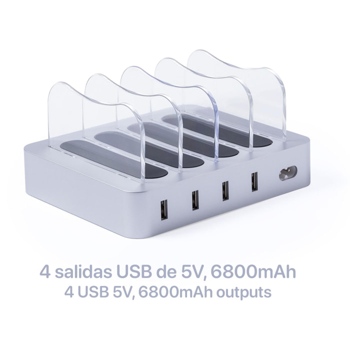 Estación de carga USB Zeeland para 4 dispositivos simultáneos.