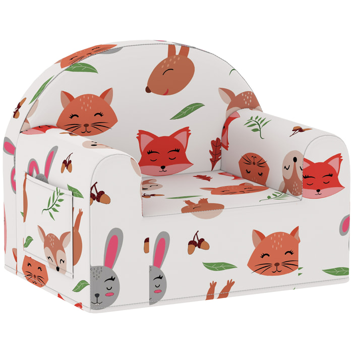 Sillón Infantil con Estampado de Zorros, Sofá para Niños de 18-36 Meses con Funda Extraíble y Lavable, Bolsillo Lateral, Reposabrazos, Carga 45 kg, Blanco