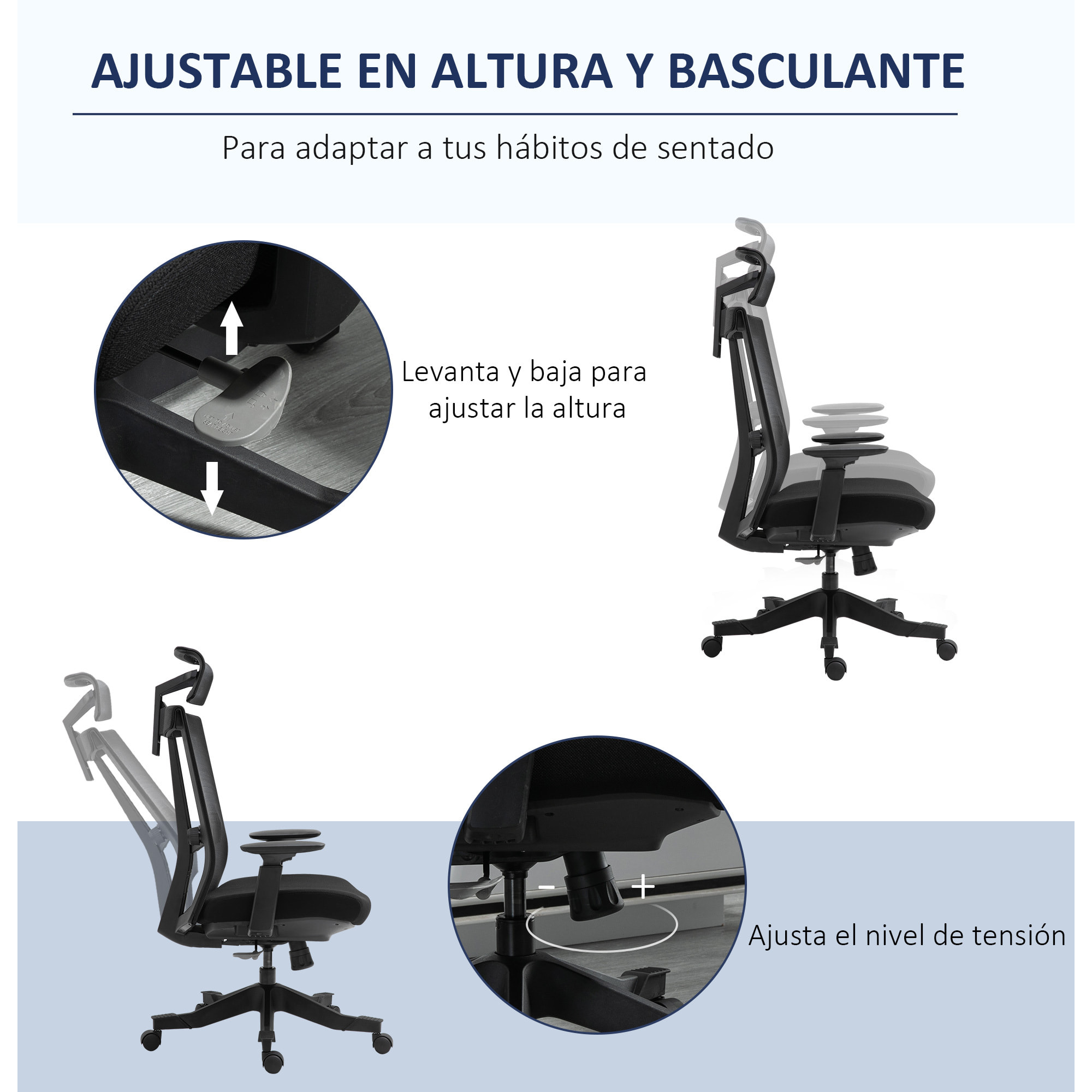 Vinsetto Silla de Oficina Ergonómica Silla de Malla Giratoria y Reclinable con Altura Ajustable Reposabrazos Reposacabezas y Soporte Lumbar Regulable 66,5x66x109-118 cm Negro