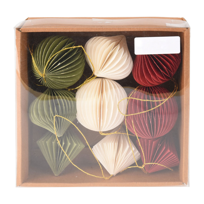 Set de 9 decoraciones para árbol de navidad en papel panal de abeja color blanco, verde y rojo - formas y colores variadas
