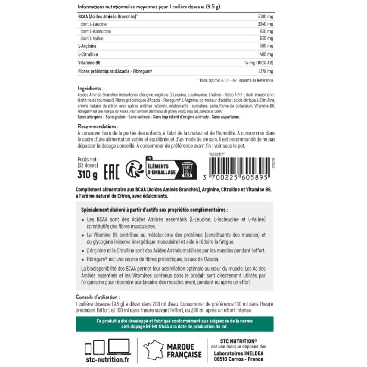 STC NUTRITION - BCAA 4 : 1 : 1 - Favorise un meilleur développement musculaire & une meilleure récupération - Résistance à la fatigue - Ratio optimal Leucine, Valine, Isoleucine - 32 doses