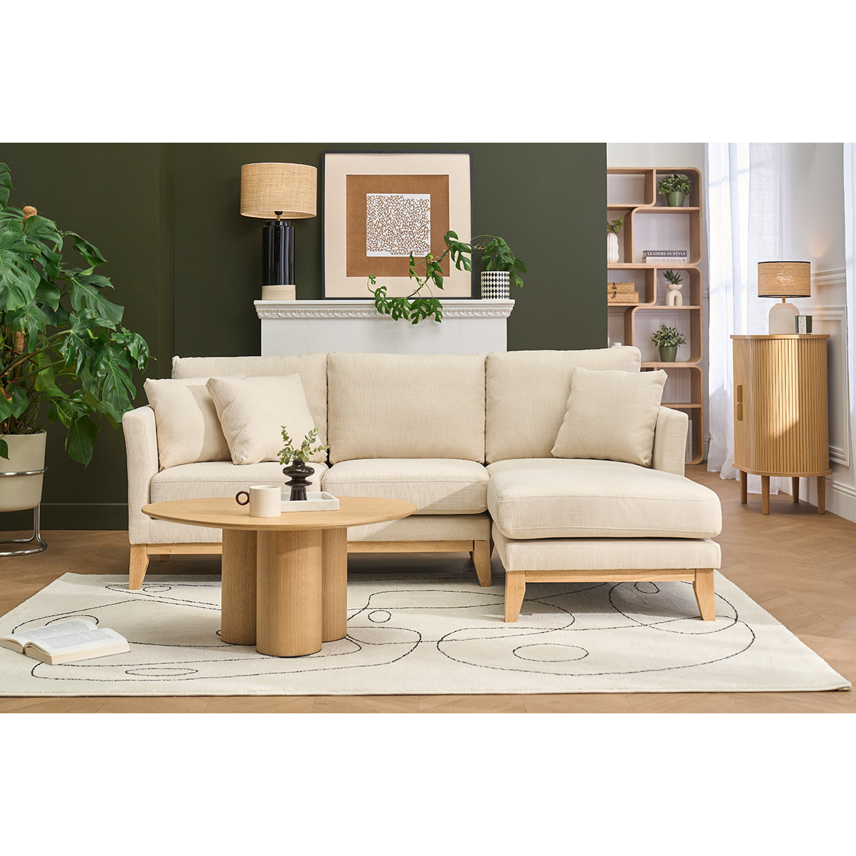 Canapé d'angle droit déhoussable 4 places en tissu beige et bois clair OSLO