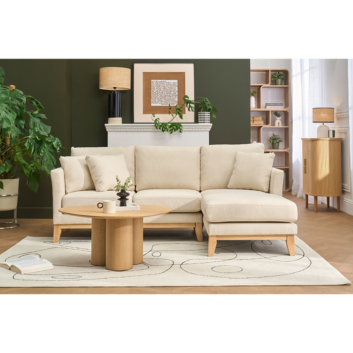 Canapé d'angle droit déhoussable 4 places en tissu beige et bois clair OSLO