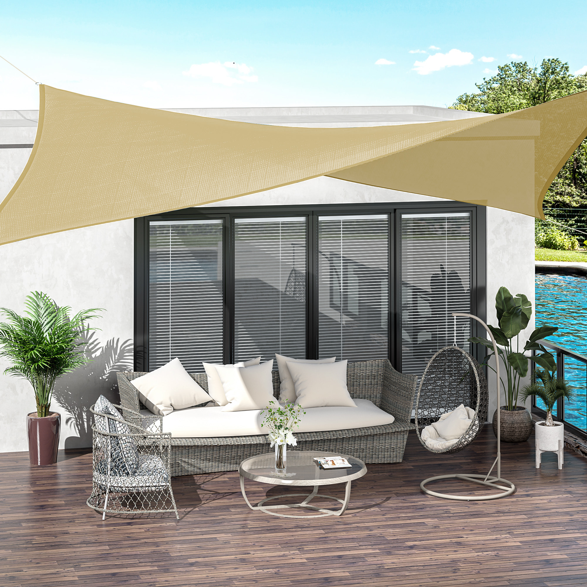 Voile d'ombrage rectangulaire grande taille 4 x 3 m polyéthylène haute densité HDPE résistant aux UV beige