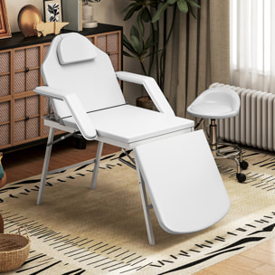 Camilla Masaje Plegable Portátil Camilla Estética Profesional de 3 Zonas con Respaldo Soporte para Piernas Ajustables Reposacabezas Extraíble Reposabrazos Acolchados para Spa 182x82 cm Blanco