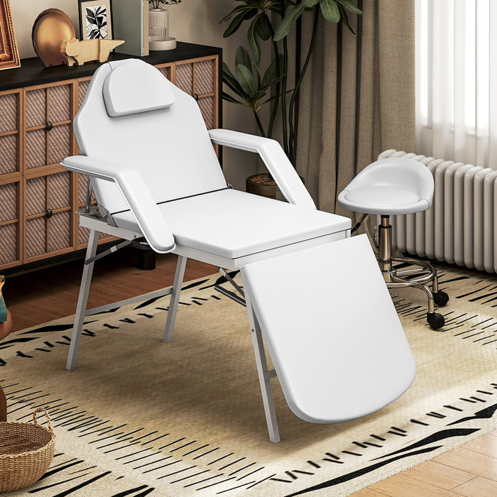 Camilla Masaje Plegable Portátil Camilla Estética Profesional de 3 Zonas con Respaldo Soporte para Piernas Ajustables Reposacabezas Extraíble Reposabrazos Acolchados para Spa 182x82 cm Blanco