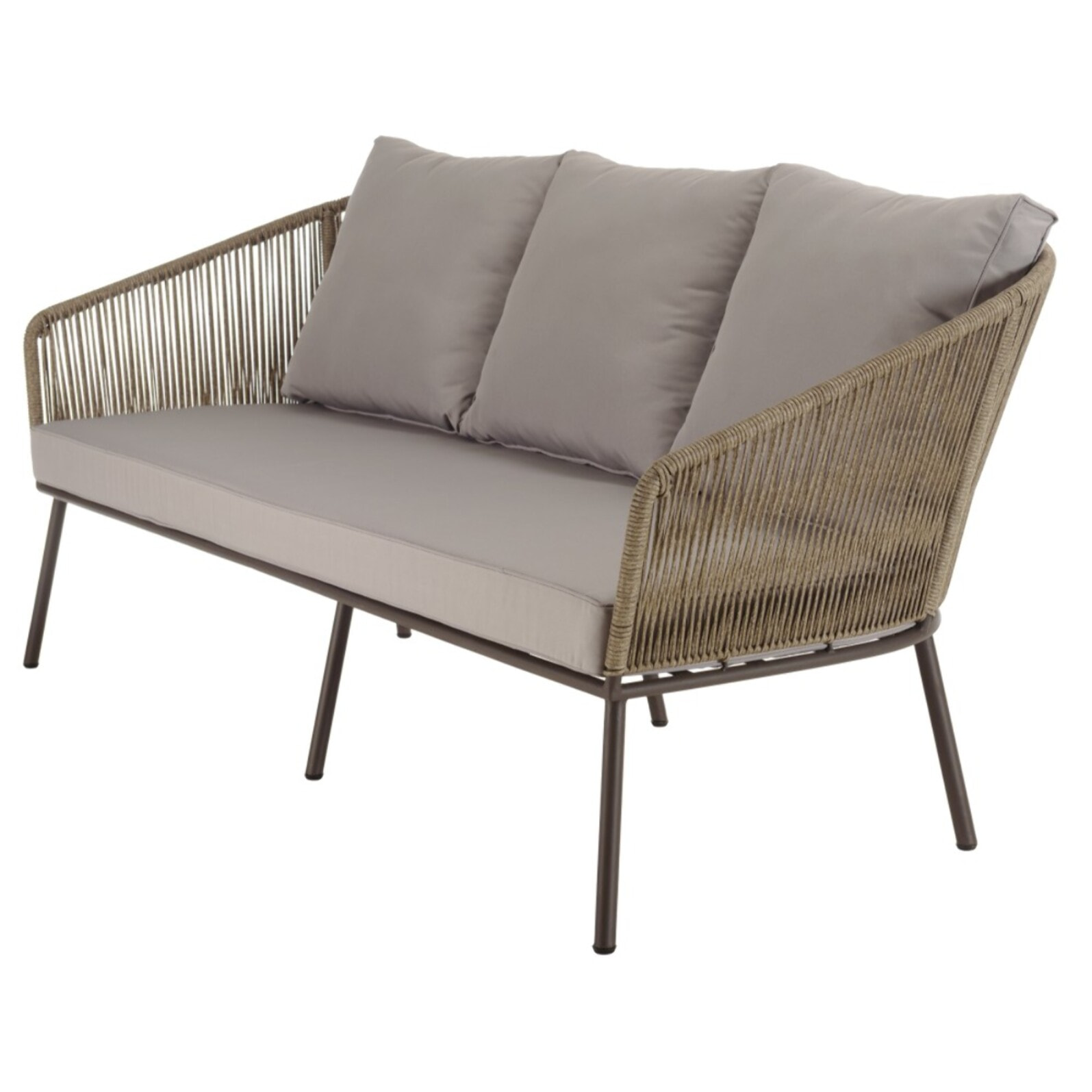 VICK - Salon de jardin 5 places acier, cordage synth. taupe, acacia huilé