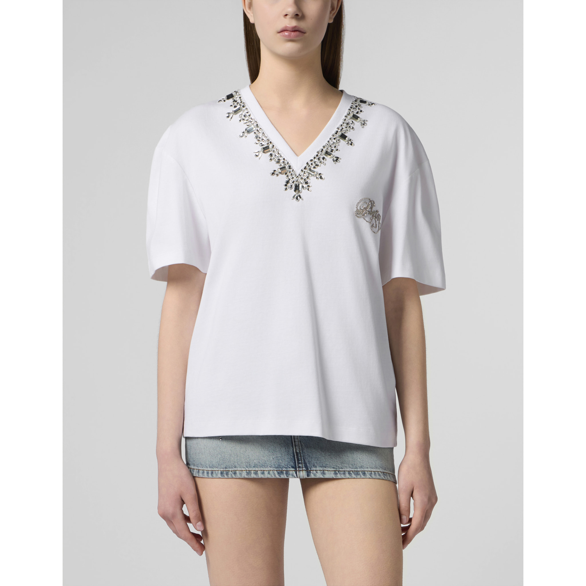 PHILIPP PLEIN Man Fit V-Neck T-Shirt Crystals