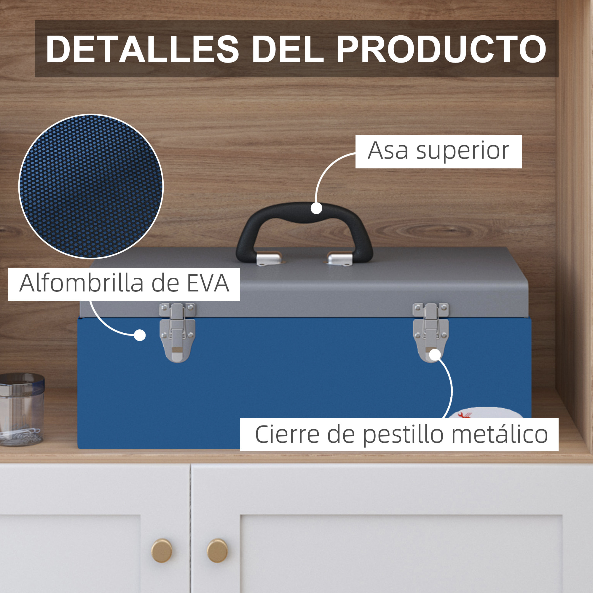 Caja de Herramientas Metálica Maletín de Herramientas 50x26x18,5 cm con Asas de Transporte Carga 20 kg Gris y Azul