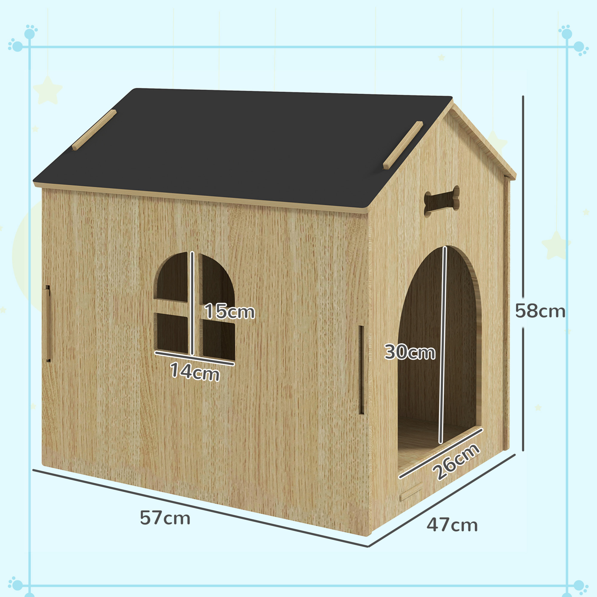 Niche intérieure en kit motif os - niche en bois intérieur - pour petits chiens - grande entrée, fenêtre - effet bois noir