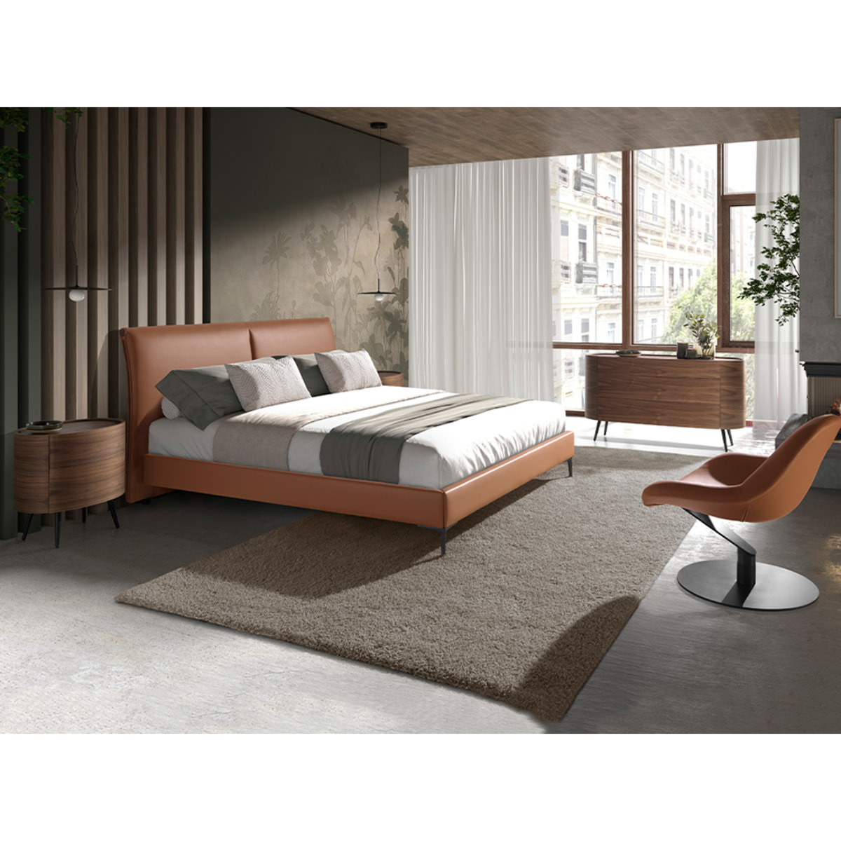 Cama de matrimonio con cabecero y estructura en polipiel marrón y patas de acero inoxidable en epoxi negro 205x212x110cm