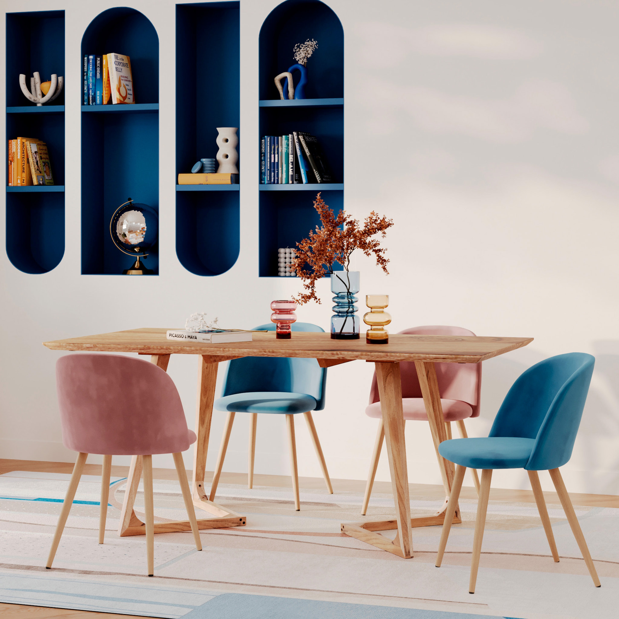 Pack 4 chaises en velours bleu et rose - Cozy