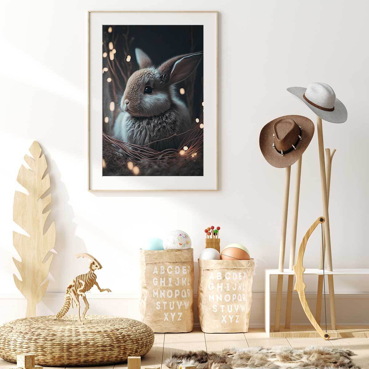 Affiche enfant lapin dans le nid  Affiche sous cadre bois