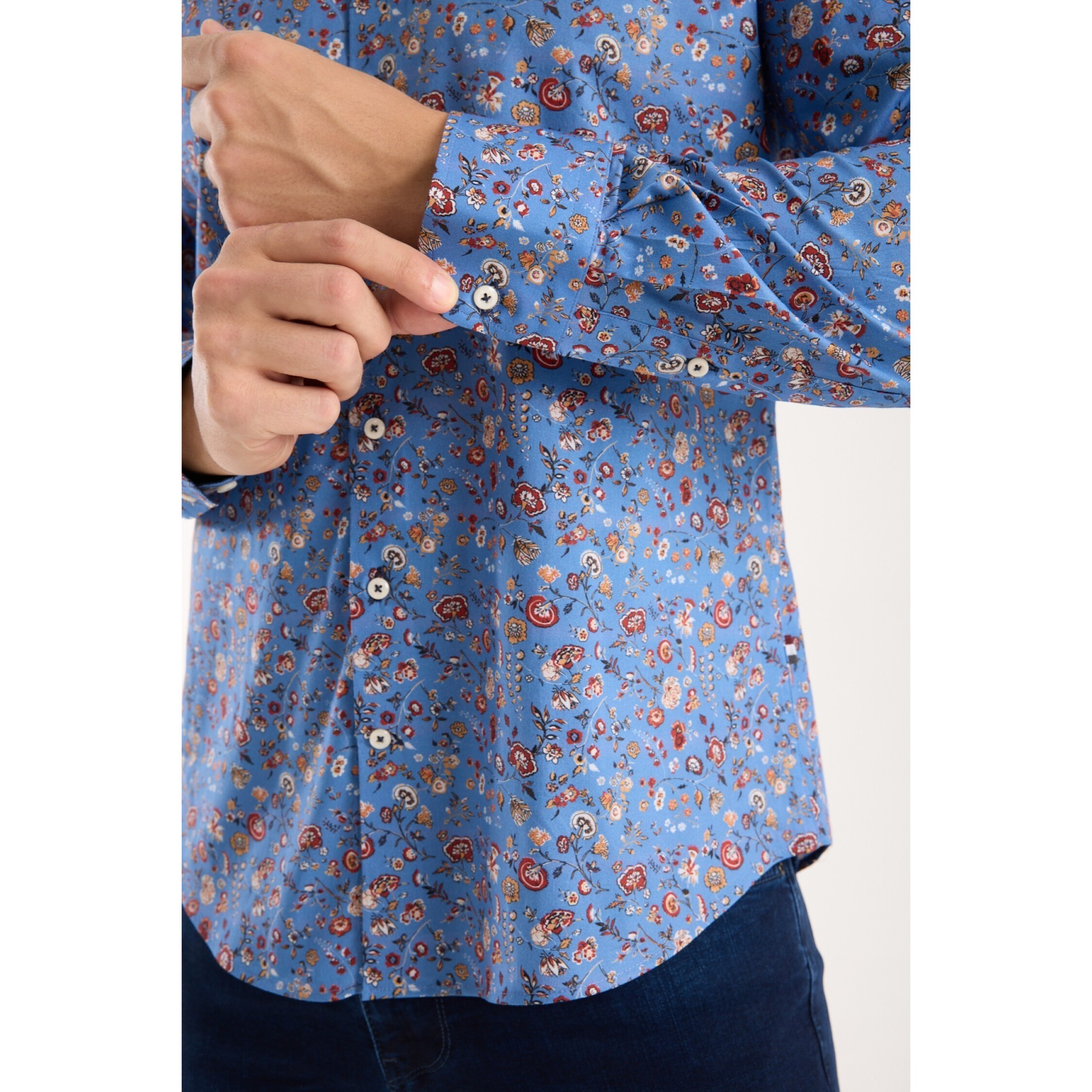 Camicia Uomo 1 Bottone Francese Slim Popeline Stretch Stampato Inchostro Mattone