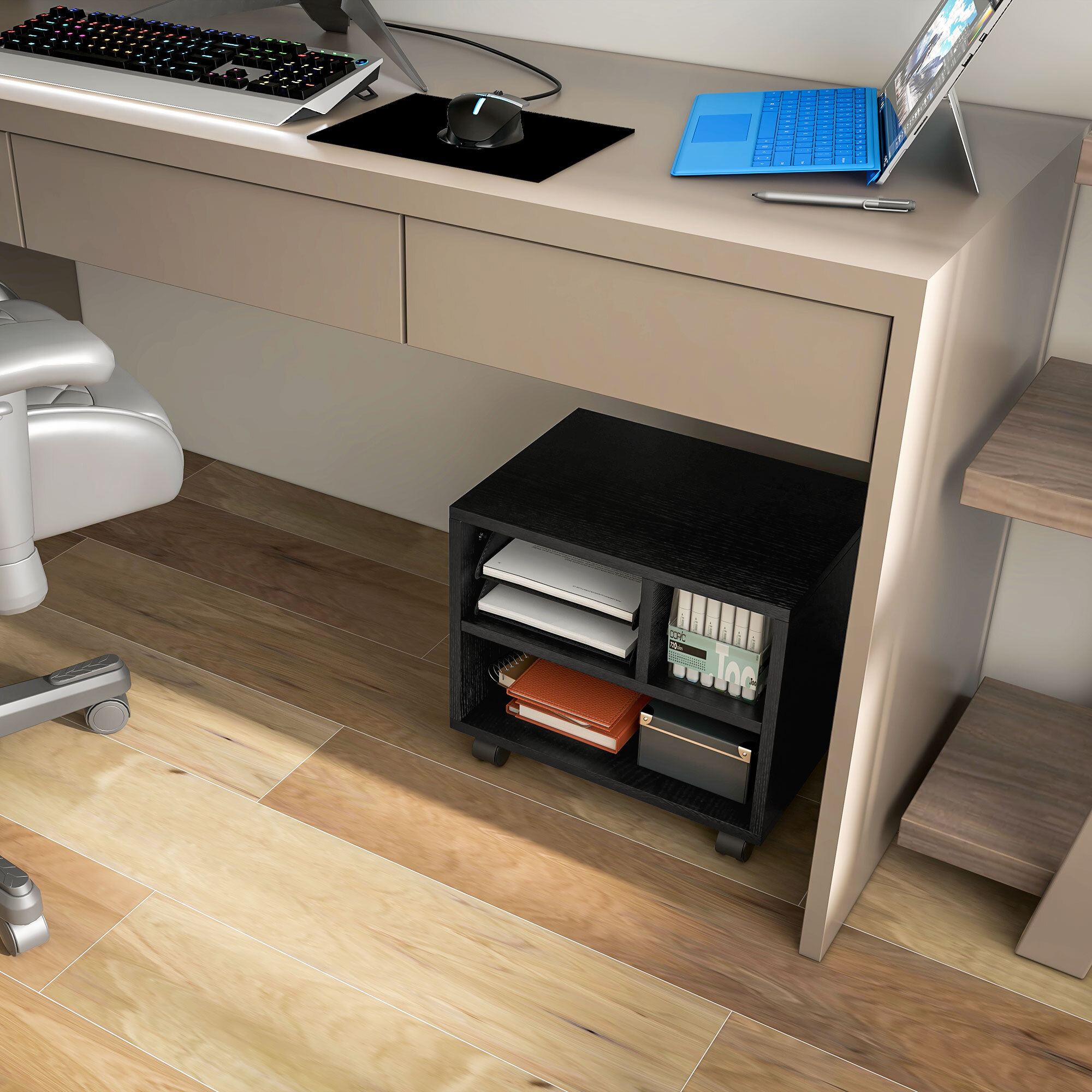 Mueble de Impresora con Ruedas Soporte de Impresora con Compartimentos Abiertos para Oficina Estudio 40x30x36 cm Negro