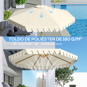 Sombrilla Terraza Exterior, Ø264x240 cm, Sombrilla de Jardín con Ángulo Ajustable, Manivela y Volantes, Impermeable, Parasol para Playa, Patio, Balcón, Crema