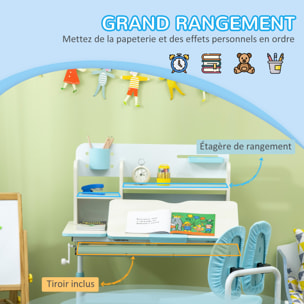 Ensemble bureau chaise enfant hauteur réglable plateau inclinable nombreux rangements blanc bleu effet bois clair