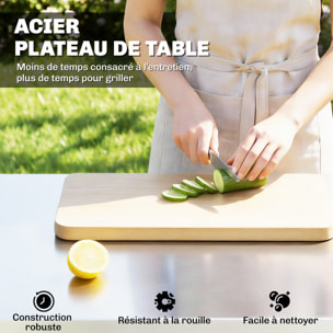 Desserte jardin chariot plancha 2 portes étagère métal noir acier inox