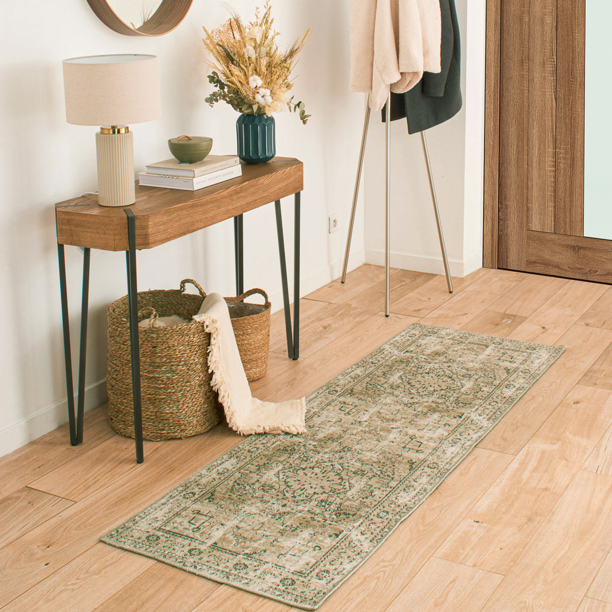Carry - tapis vintage style oriental lavable en machine à 30°c, kaki