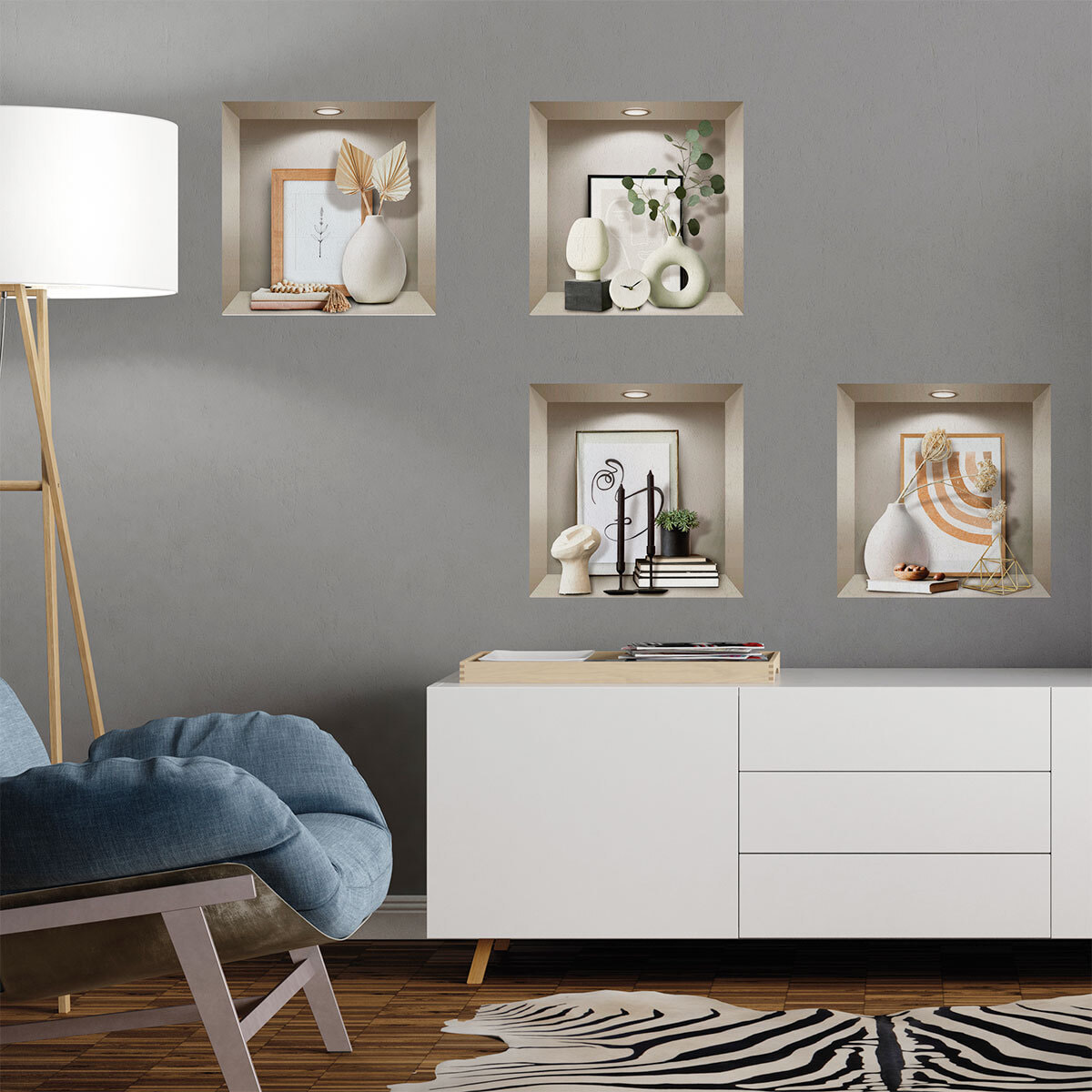 Stickers muraux 3D | Sticker Mural Autocollant effet 3D vases et objets design - Stickers adhésifs 3D Chambre Salon Trompe l'oeil