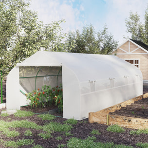 Serre tunnel de jardin dim. 5,93L x 3l x 2H m porte + 8 fenêtres enroulables acier galvanisé bâche PE haute densité blanc