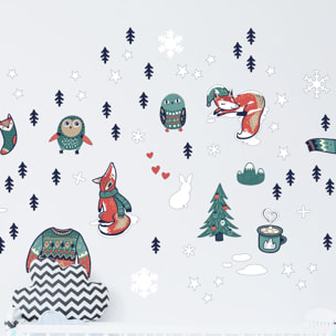 Stickers Noël renards hivernales - Autocollants stickers adhésifs noël - décoration fêtes