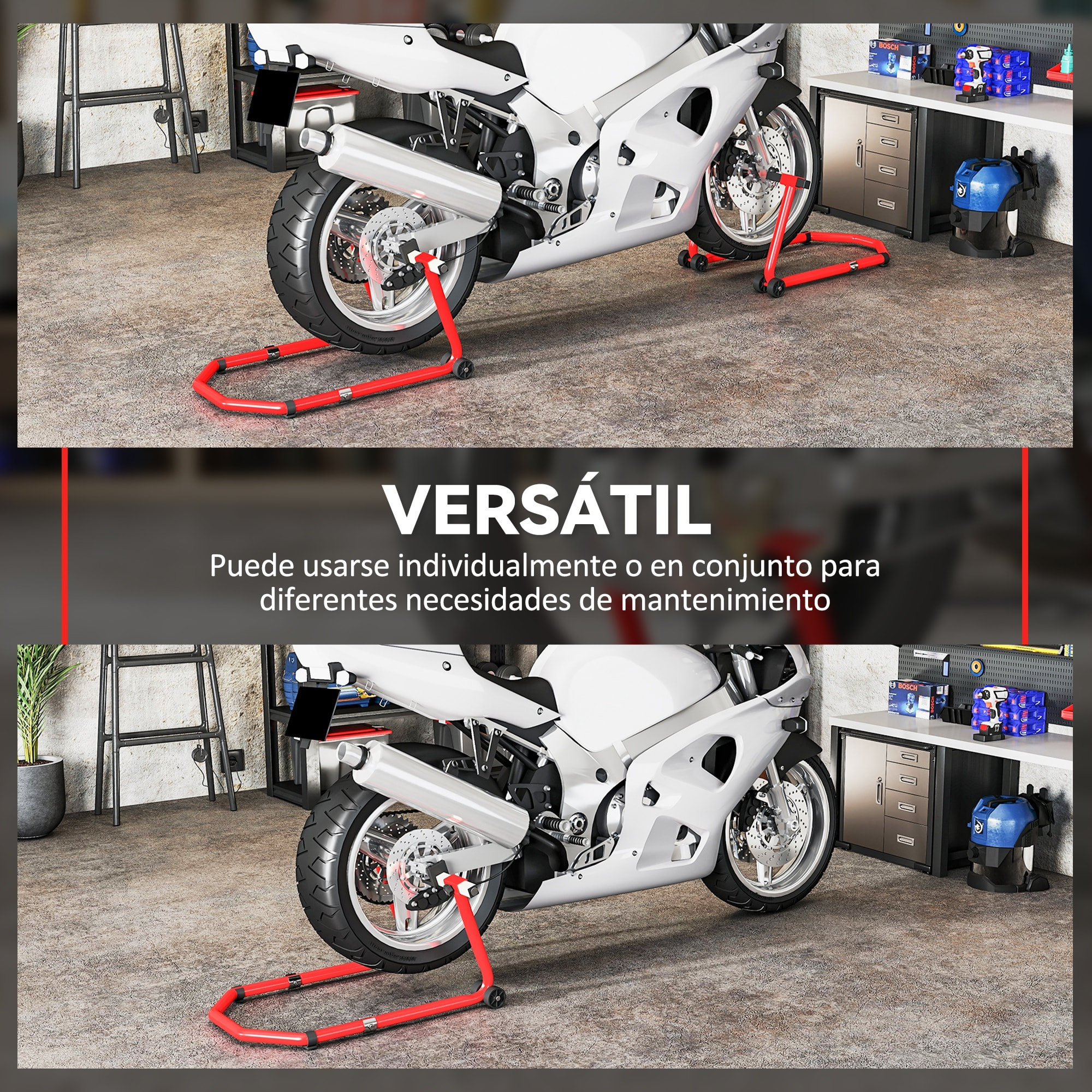 Caballete Moto Elevador Universal Carga 390 kg Combo Soporte de Rueda Delantera y Trasera Motocicleta con Adaptadores de Horquillas en U y L Ajustables y Ruedas para Reparación y Mantenimiento