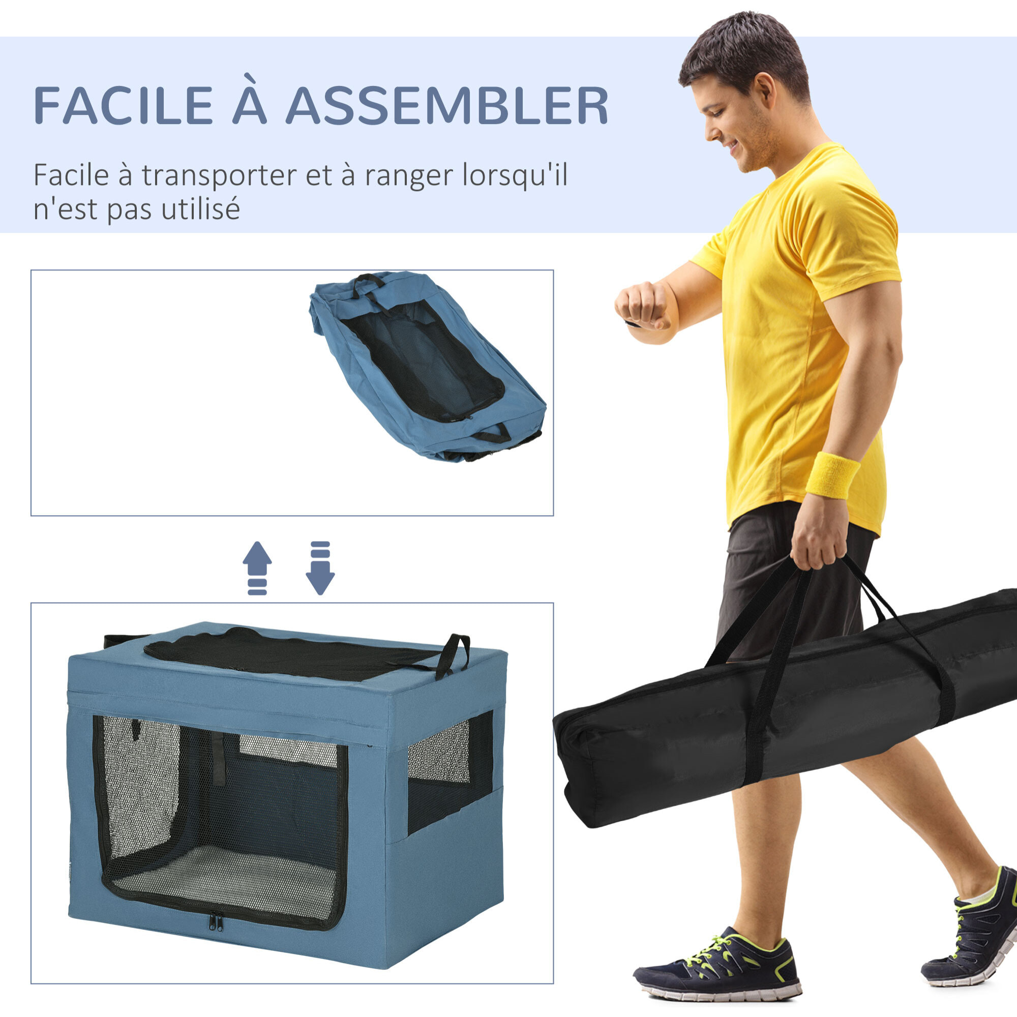 Sac de transport pliable pour chien chat - 2 poignées, 3 portes - dim. 69L x 51l x 51H cm - acier polyester bleu