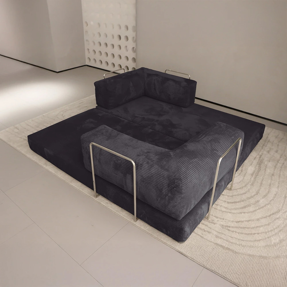 TRENDY - Canapé compressé 5 places angle modulable en velours côtelé anthracite