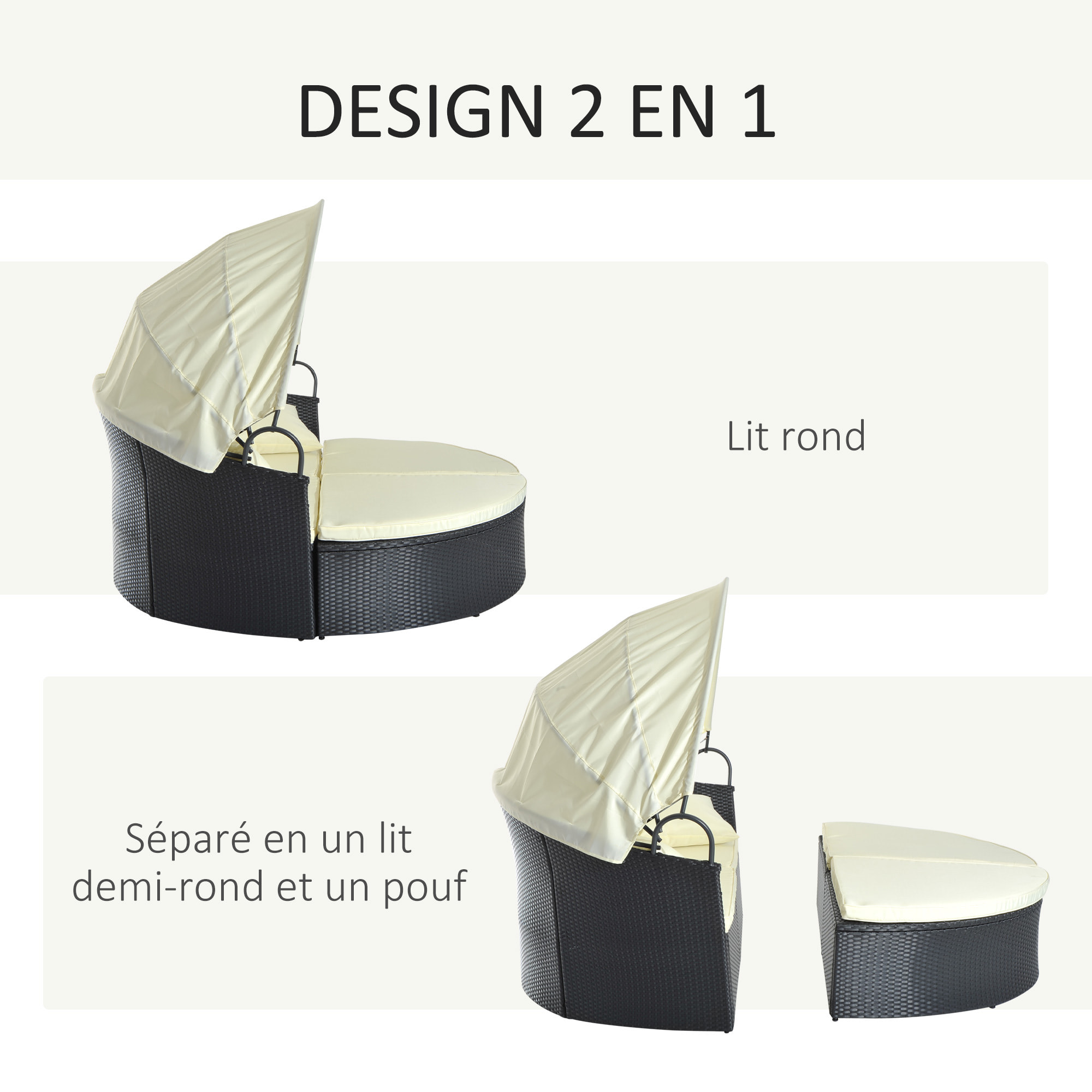 Lit canapé de jardin modulable avec coussins résine noir beige