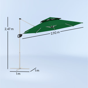 Sombrilla de Jardín Ø292 cm Parasol Excéntrico con Manivela Giratorio 360° Inclinación Ajustable Doble Techo y Base Cruzada Sombrilla para Terraza Exterior Patio Verde Oscuro