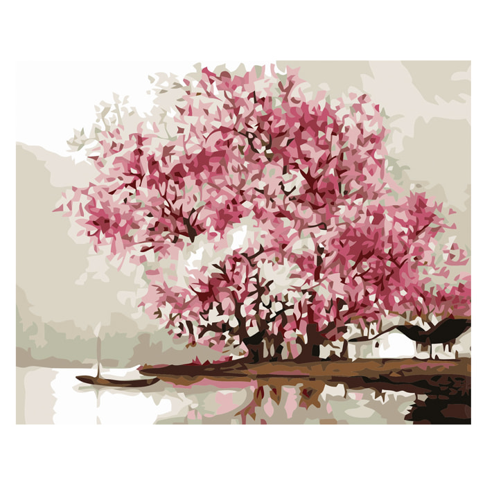 Tela con disegno da dipingere con i numeri, 40x50cm. Progettazione di alberi primaverili. Include pennelli e vernici necessari.