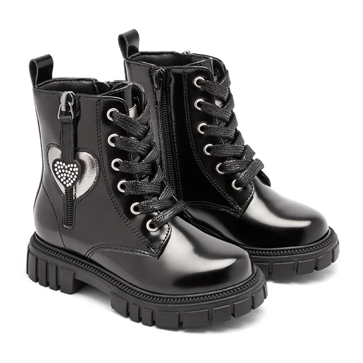 Stivali da bambina in stile militare con cerniera interna e stampa a cuore
