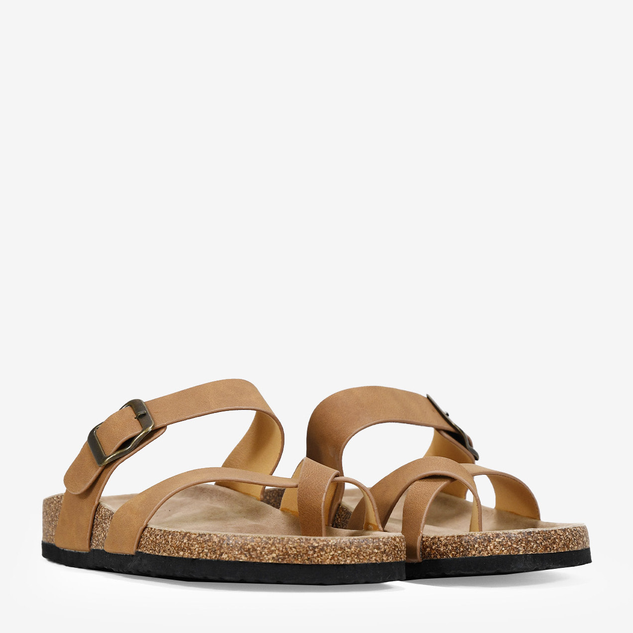 Sandalias de dedo planas marrones con suela de corcho