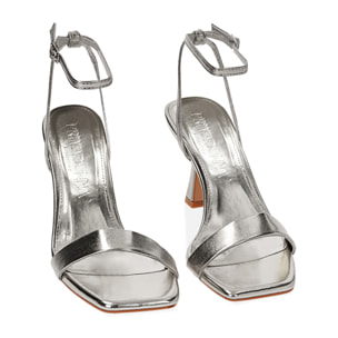 Sandali laminati argento, tacco 7,5 cm