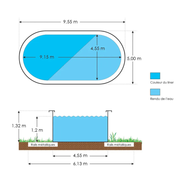 Piscine hors sol acier et résine ovale 9,15 x 4,55 x 1,32 m gris dégradé LIBERTY