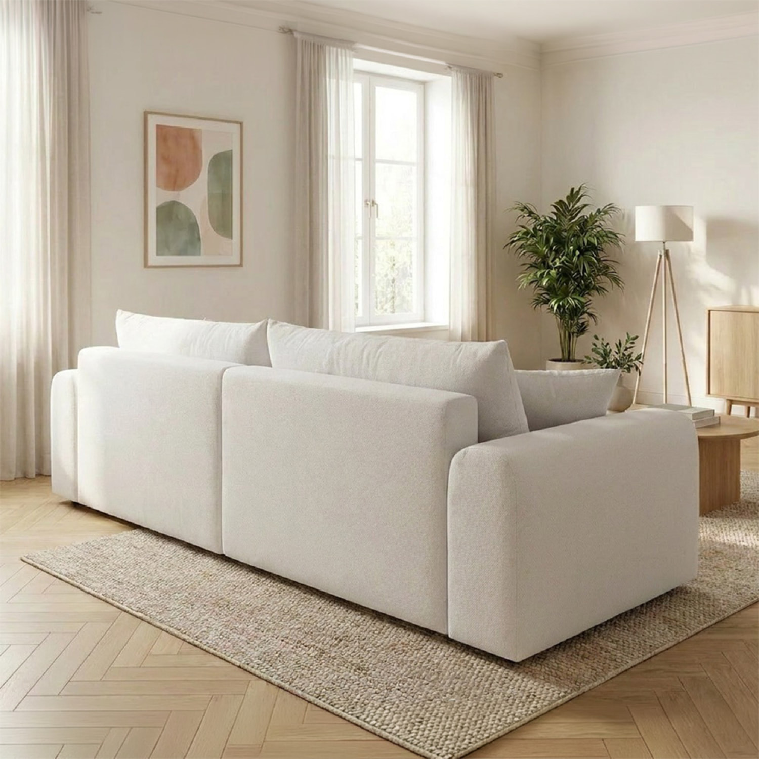 Canapé d'angle convertible beige 4 places tissu bouclé + coffre OLIZE