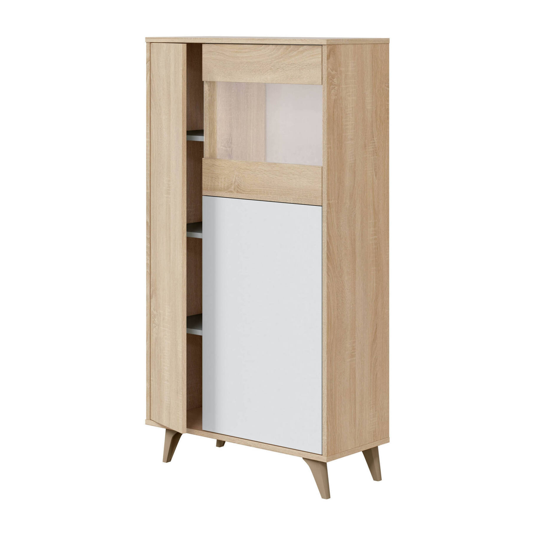 Vetrina Atlanta, Vetrinetta moderna a 3 ante, Credenza da soggiorno o salotto, Madia alta con ripiani, cm 77x33h142, Rovere e Bianco