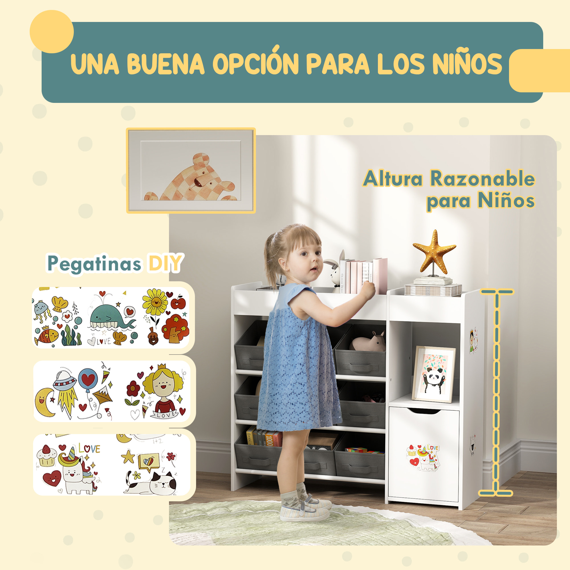 Estantería para Juguetes para Niños Organizador Infantil con 9 Cestas Extraíbles Compartimentos y Láminas de Pegatinas para Guardería Sala de Juegos 92x30x80 cm Blanco