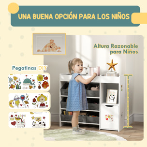 Estantería para Juguetes para Niños Organizador Infantil con 9 Cestas Extraíbles Compartimentos y Láminas de Pegatinas para Guardería Sala de Juegos 92x30x80 cm Blanco