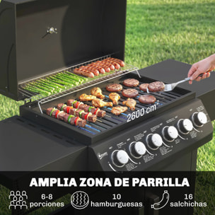 Barbacoa de Gas BBQ Gas con 6 Quemadores 15 kW, Barbacoa Portátil con Termómetro, Mesas Laterales, Armario, Rejilla Calentadora, Parrilla, Recogedor de Grasa, 2 Ruedas y Tapa, Negro