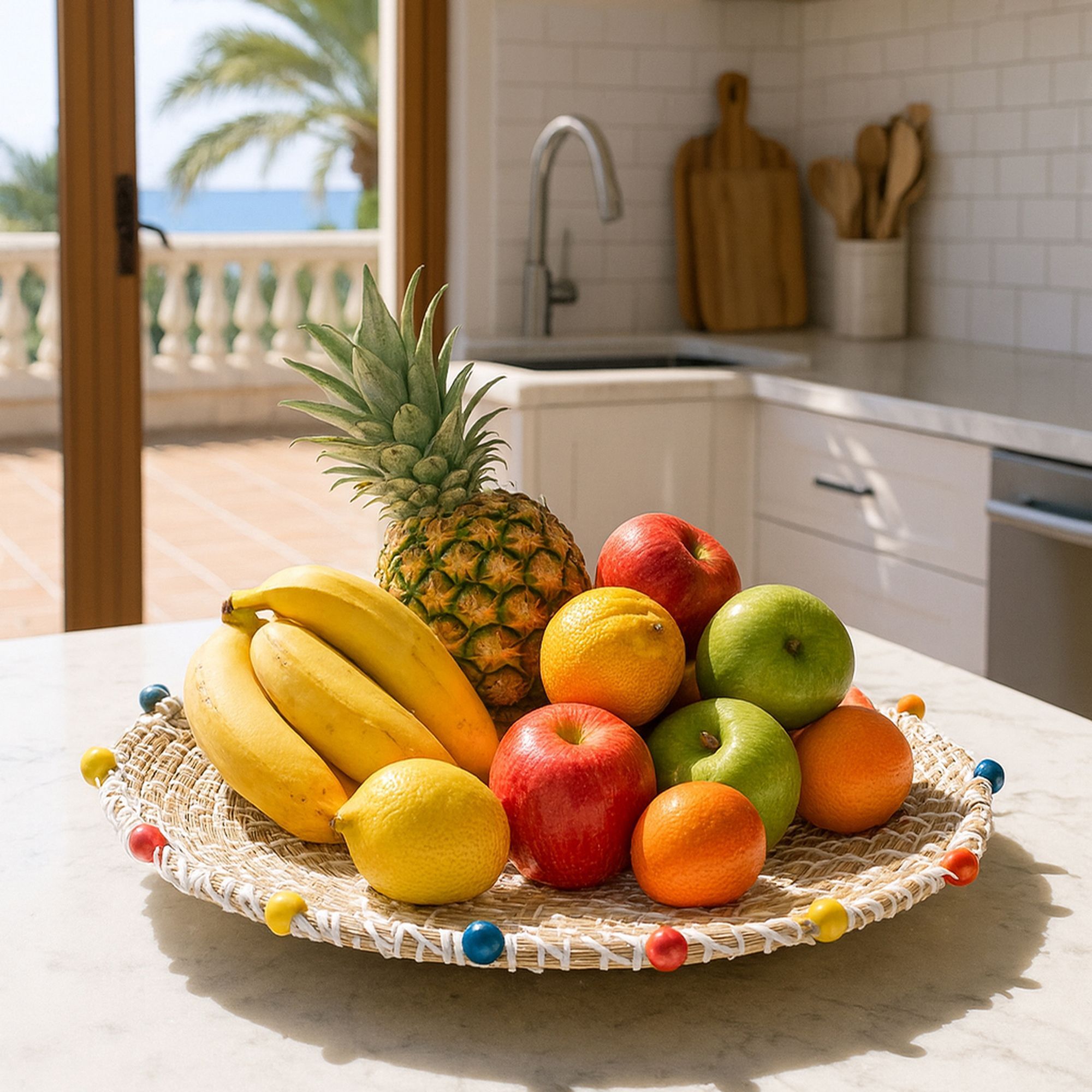Panier rond en jonc de mer et perles de bois 40cm MILOS