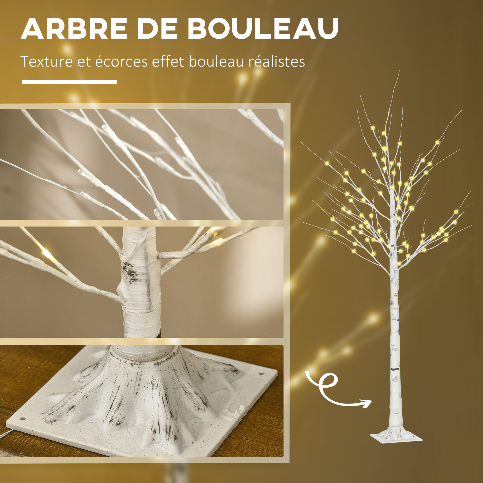 Arbre lumineux LED bouleau - décoration lumineuse - 96 LEDS blanc chaud - norme IP 44 - usage intérieur/extérieur - 1,8H m - métal PP blanc
