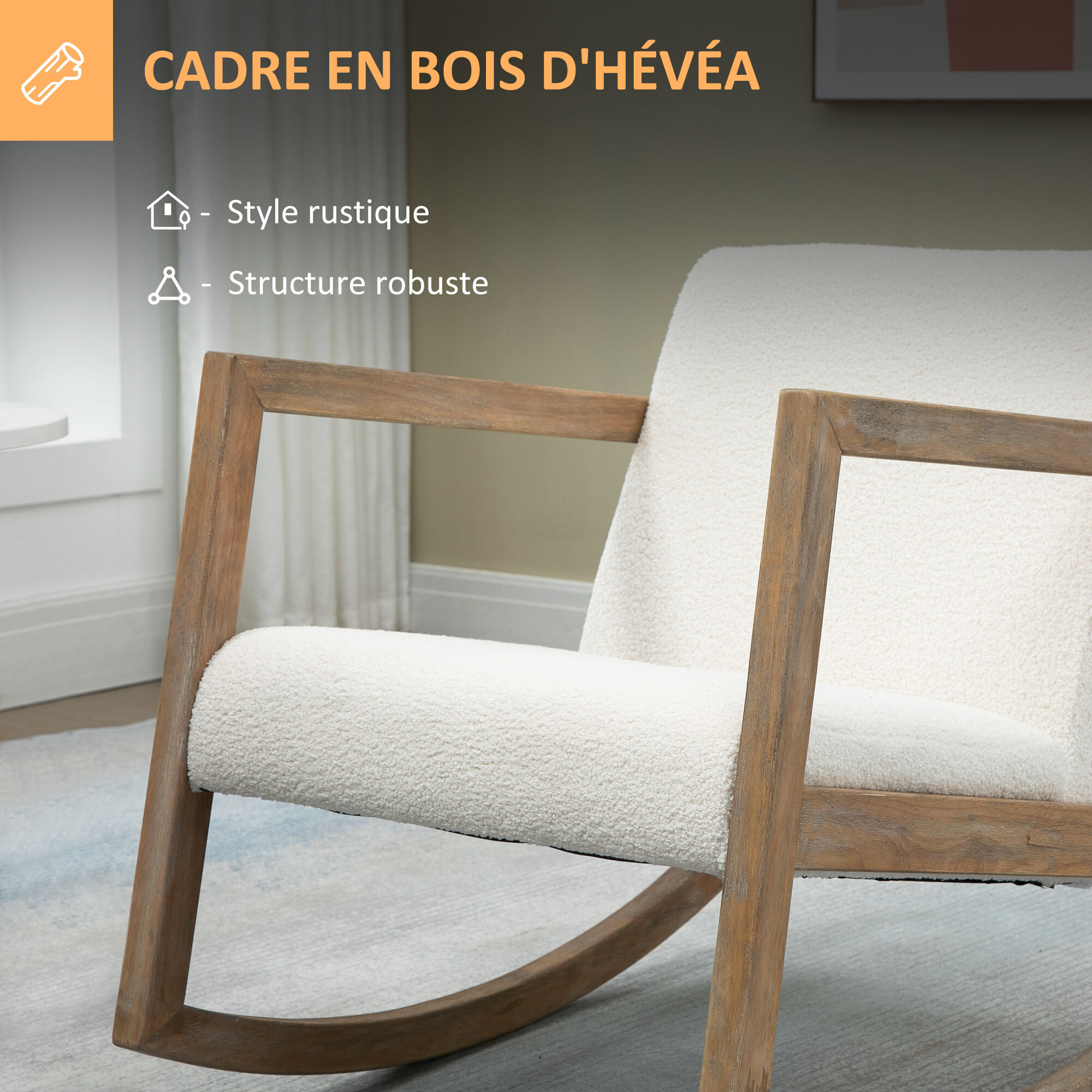 Fauteuil lounge à bascule bois hévéa revêtement effet peau de mouton polyester crème