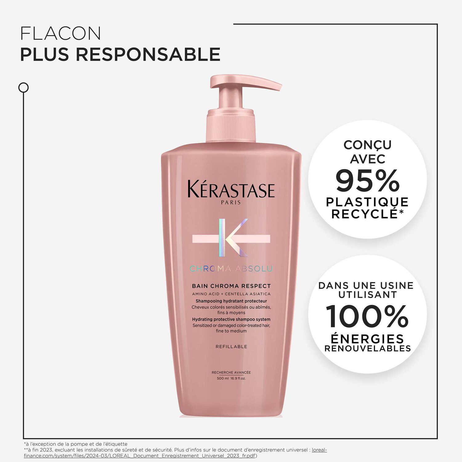 Chroma Absolu - Shampoing hydratant protecteur rechargeable - cheveux colorés sensibilisés ou abîmés, fins à moyens, 500 ml