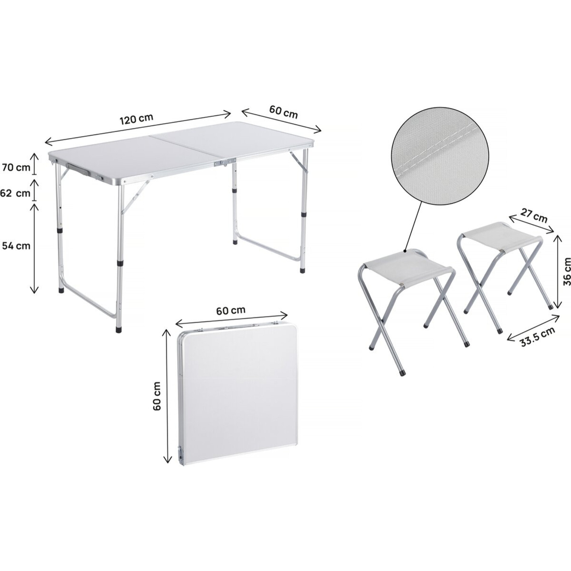 Ensembe table de camping et 4 tabourets pliants - 125 x 60 cm - Blanc