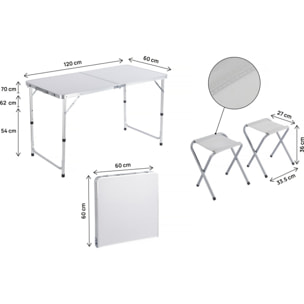 Ensembe table de camping et 4 tabourets pliants - 125 x 60 cm - Blanc