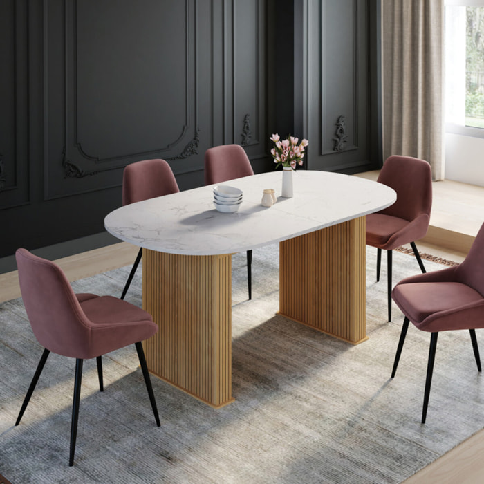Table à manger extensible Marceau effet marbre blanc et pieds lattes 160-200cm